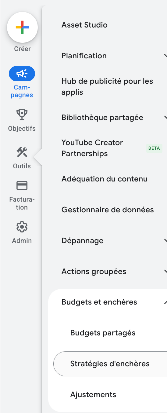Création d'une stratégie d'enchères en portefeuille dans Google Ads — accès via Outils > Budgets et enchères