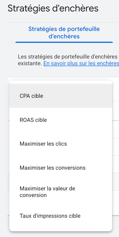 Liste des différents types de stratégies de portefeuille d'enchères